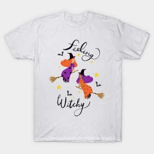 "Feeling Witchy" - Hand lettered // Orange & Purple haired witches (Halloween design) T-Shirt